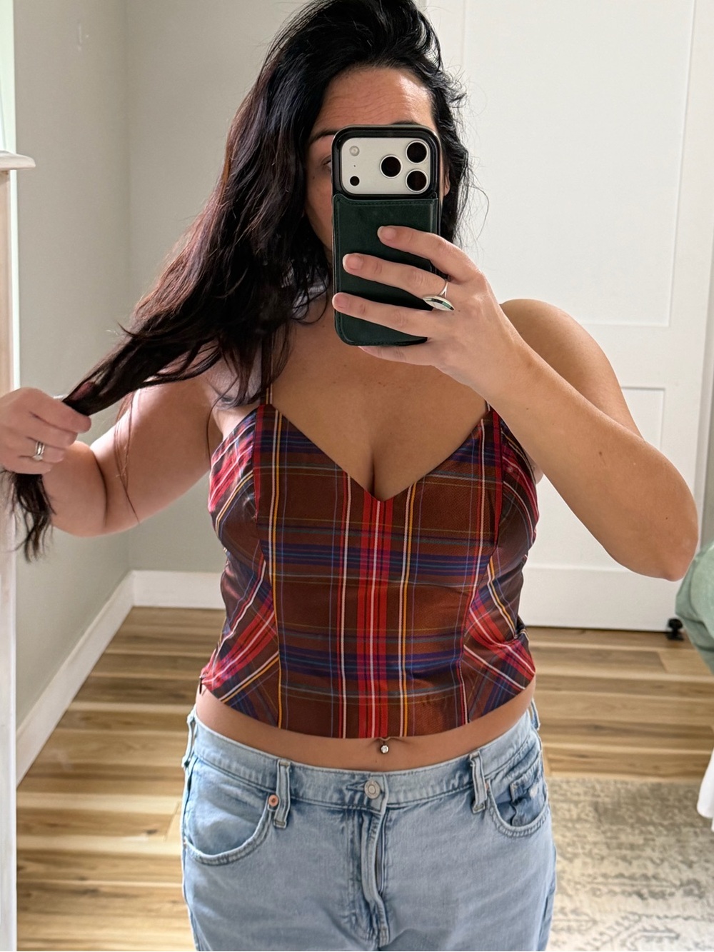 Trina Turk Plaid V-Neck Crop Top in Rust Red
